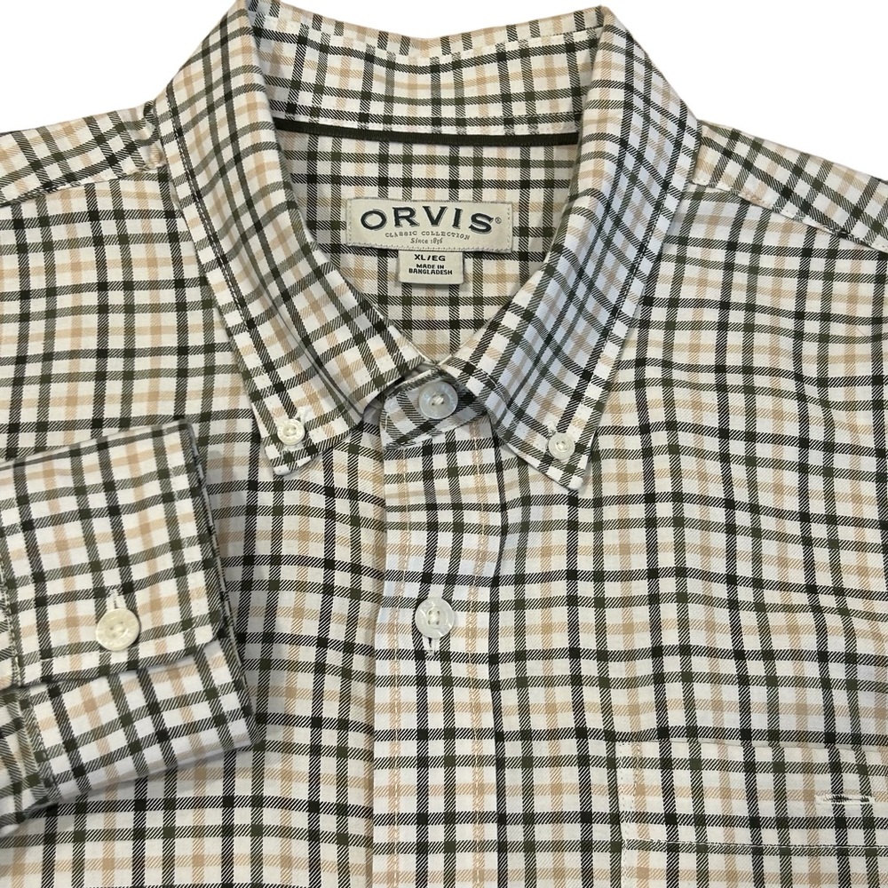 Orvis Shirt Mens XL Green Black Tan Plaid Long Sleeve